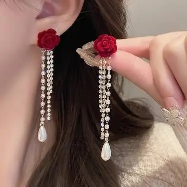 redrose and pearl drop earring