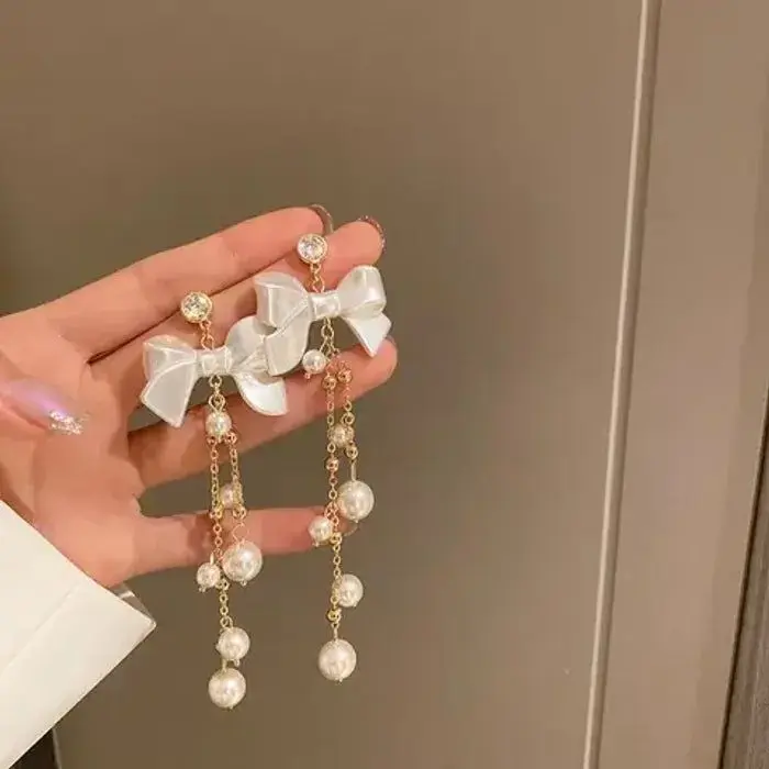 bowknot pearl tassel earring