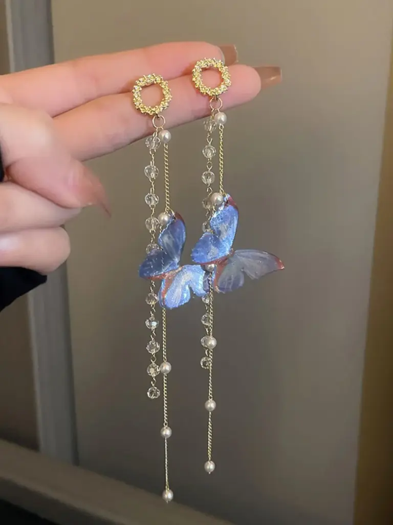 butterfly & pearl crystal tassel long earring