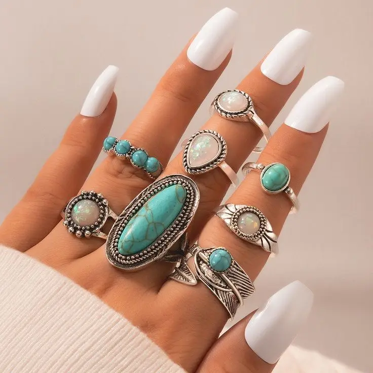 set of 8 turquoise contemporary finger ring