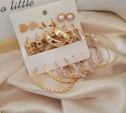 9 Pair Golden Gold Plated Pearl Alloy Hoop Earring